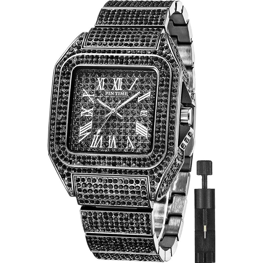 Men's Black Hip Hop Fashion Stainless Steel Quartz Analog Watch